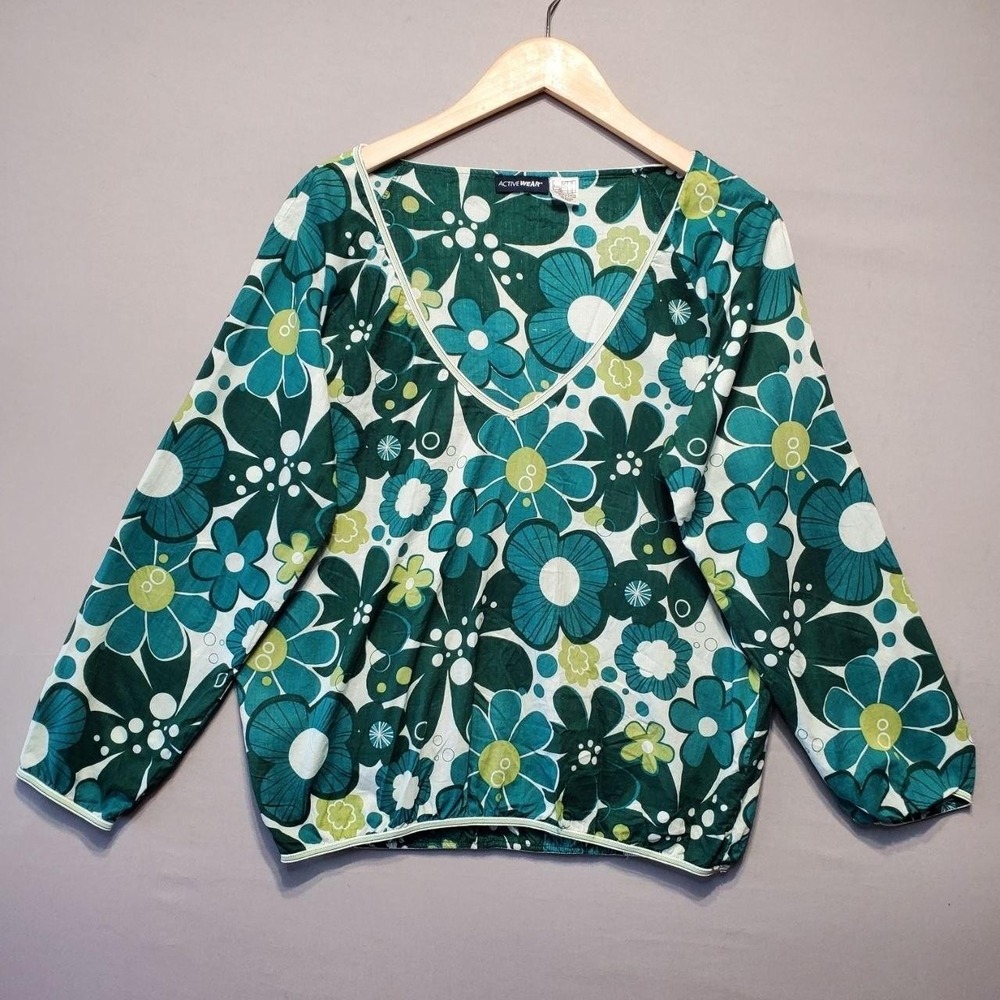 La Redoute Active Wear 90s French Retro Floral Cotton Top Women 12 Green Mod VTG